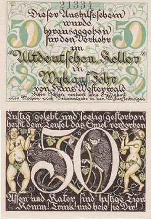 Aushilfsschein für den Altdeutschen Keller" von Hans Westerwald. Farbiger Notgeldschein. (50 Pf.).