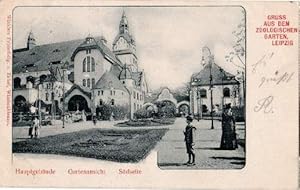 Seller image for Gruss aus dem Zoologischen Garten. Hauptgebude, Gartenansicht, Sdseite. Ansichtskarte in Lichtdruck. Abgestempelt Leipzig 09.04.1901. for sale by Antiquariat Heinz Tessin