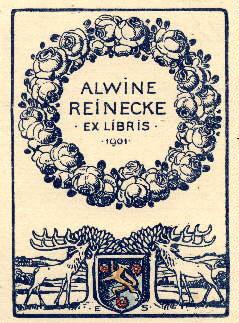 Exlibris für Alwine Reinecke. Farbiger Klischéedruck von Eduard Schröder.