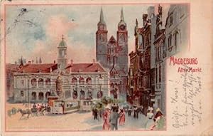 Alter Markt. Ansichtskarte in Farbdruck nach einer Zeichnung. Abgestempelt Magdeburg 23.10.1907.