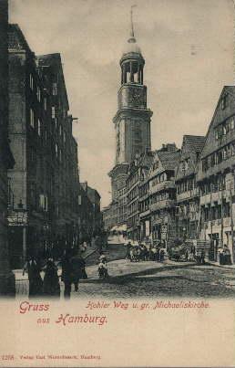 Gruss aus Hamburg. Hohler Weg u. gr. Michaeliskirche. Ansichtskarte in Lichtdruck. Ungelaufen