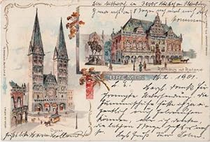 Bild des Verkufers fr Zwei Ansichten (Dom, Rathaus). Ansichtskarte in farbiger Lithographie. Abgestempelt Bremen 16.02.1901. zum Verkauf von Antiquariat Heinz Tessin