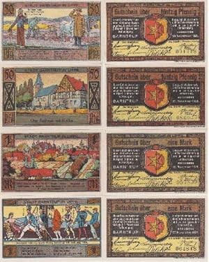 Notgeld der Stadt Barntrup. 4 Gutscheine über 50 (2) Pfennig und 1 Mark (2).