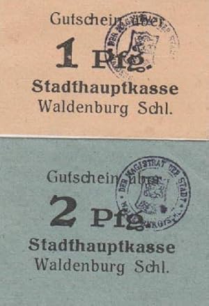 Seller image for Gutscheine der Stadthauptkasse Waldenburg in Schlesien ber 1 und 2 Pfennig. Vorderseite mit Handstempel. Scheine ber 1 und 2 Pfennig. for sale by Antiquariat Heinz Tessin