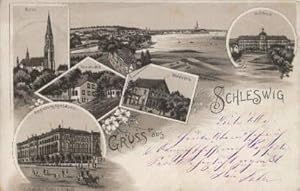 Bild des Verkufers fr Gruss aus Schleswig Sechs Ansichten (Gesamtansicht, Dom, Schloss, Stampfmhle, Waldmhle, Regierungsgebude). Ansichtskarte in Photolithographie. zum Verkauf von Antiquariat Heinz Tessin