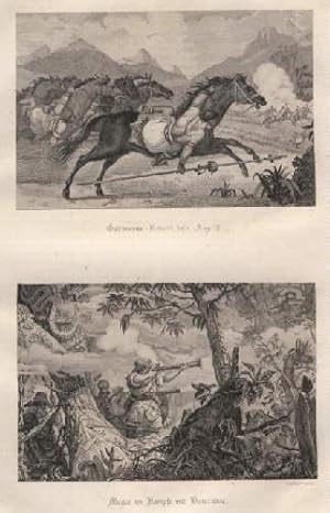 Guaycurus-Reiterei beim Angriff; Mugis im Kampfe mit Botocudas. Zwei Stahlstiche auf einem Blatt ...