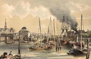 Hambourg. Ansicht des Hafens mit Baumhaus. Kolorierte Lithographie mit Tonplatte von Karl Johann ...