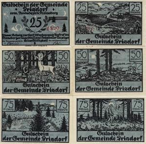 Notgeld der Gemeinde Prisdorf. Komplette Serie von 6 Notgeldscheinen. (2 x 25 Pf., 2 x 50 Pf., 2 ...