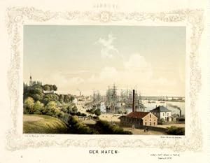 Der Hafen. Kolorierte Lithographie mit ornamentaler Bordüre von Wilhelm Heuer.