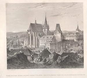 Das alte Prager Thor und die Stadtkirche zu Schlan. Stahlstich von A.Fesca nach Wilhelm Kandler.