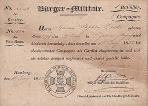des Hamburger Bürger-Militair`s. 1. Bataillon, 8. Compagnie. Für Johann Stephan Zaeh, geboren ann...