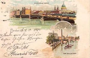 Zwei Ansichten (Blackfriars Bridge, The Embankment). Ansichtskarte in Farblithographie. Abgestemp...