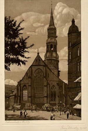 Katharinenkirche in Hamburg. Original-Aquatinta-Radierung von Georg Jilovsky, unten links mit Ble...