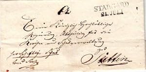 Leerer Briefumschlag nach Stettin mit 2-zeiligem Stempel Stargard 21.Juli. (1,2 x 4,1 cm).