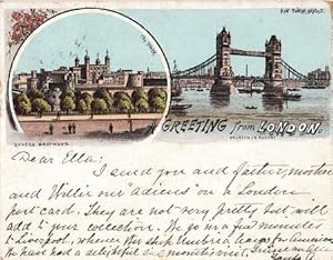 Greetings from London. Zwei Ansichten (The Tower, The Tower-Bridge). Ansichtskarte in Farblithogr...