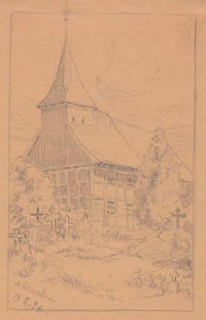 Ansicht der Kirche. Unsignierte Original-Bleistiftzeichnung auf bräunlichem Papier.