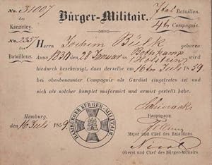 des Hamburger Bürger-Militair`s. 7. Bataillon, 4. Compagnie. Für Joachim Bülk, anno 1830 den 28. ...