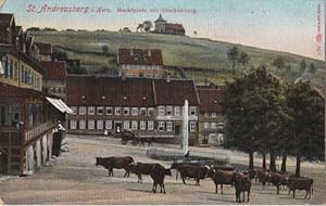 Marktplatz mit Glockenberg. Ansichtskarte in farbigem Lichtdruck. Abgestempelt Sanct Andreasberg ...