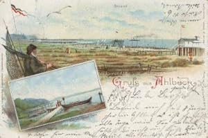 Gruss aus Ahlbeck. Zwei Ansichten (Strand, Am Wolgast See). Ansichtskarte in Farblithographie. Ab...