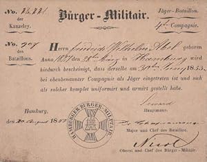 des Hamburger Bürger-Militair`s. Jäger-Bataillon, 4. Compagnie. Für Friedrich Wilhelm Abel, gebor...