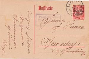 Bild des Verkufers fr Postkarte mit schwarzem Aufdruck Volksstaat Bayern. 10 Pfennig rot. Ganzsache. Abgestempelt Bernau 08.09.1919. zum Verkauf von Antiquariat Heinz Tessin