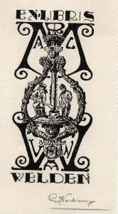 Imagen del vendedor de Exlibris fr A.L. van Velden. Klischedruck von Geo Verbrugge, unten rechts mit Bleistift signiert. a la venta por Antiquariat Heinz Tessin
