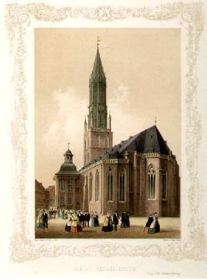 Die St.Jacobi Kirche. Kolorierte Lithographie mit ornamentaler Bordüre von Wilhelm Heuer,