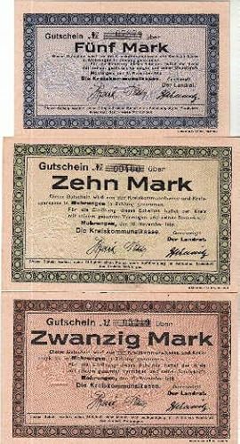 Gutschein über Fünf, Zehn und Zwanzig Mark. Drei Scheine.