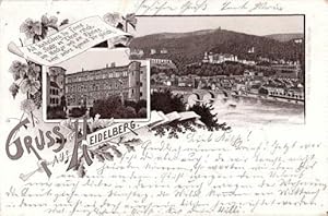 Gruss aus Heidelberg. Zwei Ansichten (Gesamtansicht, Schloß). Ansichtskarte in Photolithographie....