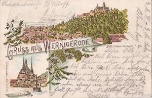 Seller image for Gruss aus Wernigerode am Harz. Zwei Ansichten (Stadt u. Schlo, Rathaus). Ansichtskarte in Farblithographie. Abgestempelt Wernigerode 06.04.1896. for sale by Antiquariat Heinz Tessin