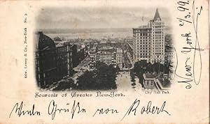 Seller image for Souvenir of Greater New York. City Hall Park. Ansichtskarte in Lichtdruck. Abgestempelt New York 22.04.1899. for sale by Antiquariat Heinz Tessin