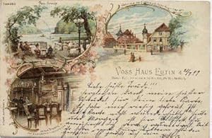 Voss Haus Eutin. Ansichtskarte mit 3 Ansichten in farbiger Lithographie (Voss Brücke, Wohnhaus de...