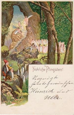 Fröhliche Pfingsten. Postkarte in farbiger Lithographie. Abgestempelt Altona 17.05.1902.