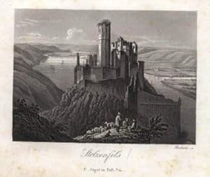 Ansicht der Burg mit Blick ins Rheintal. Aquatinta-Kupferstich von Bodmer bei C.Jügel.