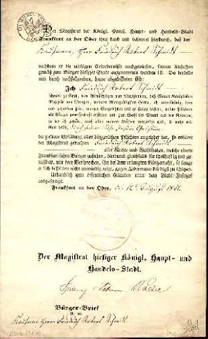 Bürgerbrief für Friedrich Robert Schmidt. Unten mit Papiersiegel.