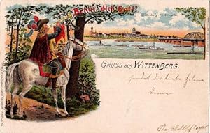 Gruss aus Wittenberg. Ansichtskarte in Farblithographie. Abgestempelt Wittenberg 05.04.1904.
