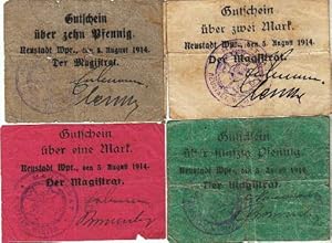 Gutschein über zehn und fünfzig Pfennig, eine und zwei Mark.