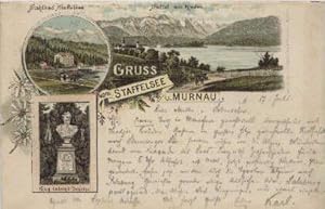 Ansichtskarte in Farblithographie. Gruss vom Staffelsee u. Murnau. 3 Ansichten (Staffel mit Riede...