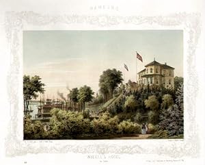 Wiezel`s Hotel am Hafen. Kolorierte Lithographie mit ornamentaler Bordüre von Wilhelm Heuer,