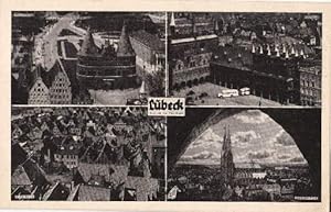 Bild des Verkufers fr Vier Ansichten (Holstentor, Rathaus, Stadtblick, Marienkirche). Ansichtskarte in Photodruck. Ungelaufen zum Verkauf von Antiquariat Heinz Tessin