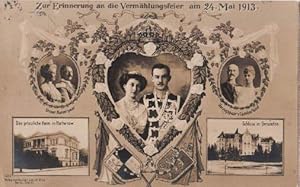 Immagine del venditore per an die Vermhlungsfeier am 24. Mai 1913. 5 Abbildungen mit ornamentaler Bordre ( Das Brautpaar Prinzessin Viktoria Luise von Preussen und Prinz Ernst August von Hannover; Unser Kaiserpaar; Herzogspaar v.Cumberland; Das prinzliche Heim in Rathenow; Schlo im Gmunden). Postkarte in brunlichem Lichtdruck. venduto da Antiquariat Heinz Tessin