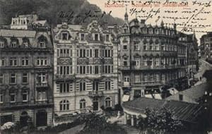 Schloßberg und Schloßbrunnen. Ansichtskarte in Lichtdruck. Abgestempelt Karlsbad 15.05.1909.