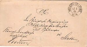 Leerer Briefumschlag nach Stettin mit Zweikreisstempel Stargard 13.05.1869. (Durchmesser 2,7 cm.).