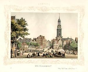 Der Schaarmarkt. Kolorierte Lithographie mit ornamentaler Bordüre von Wilhelm Heuer,