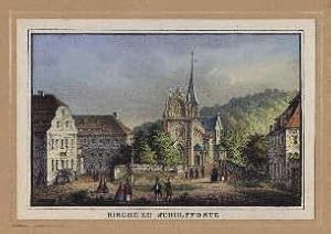 Teilansicht mit Kirche. Kolorierte Lithographie.