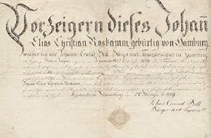 für Johann Elias Christian Roskamm von Hamburg. Handschriftliche Urkunde, unterschrieben vom Lehr...