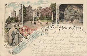 Gruss aus Heidelberg. Vier Ansichten (Schlosshof, Schlossaltane u. achteckiger Thurm, Das grosse ...