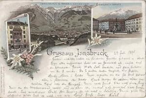 Bild des Verkufers fr Gruss aus Innsbruck. Drei Ansichten (Ansicht gegen Norden von der Sillschlucht, Goldenes Dachl, Margarethenplatz. Ansichtskarte in Farblithographie. zum Verkauf von Antiquariat Heinz Tessin