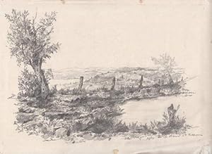 Imagen del vendedor de Landschaft in Ostpreuen, in der Ferne einige Huser. Original-Bleistiftzeichnung von Charles Girod. a la venta por Antiquariat Heinz Tessin