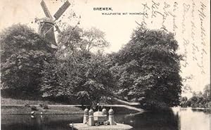 Image du vendeur pour Wallpartie mit Windmhle. Ansichtskarte in Lichtdruck. Abgestempelt Bremen 06.04.1908. mis en vente par Antiquariat Heinz Tessin